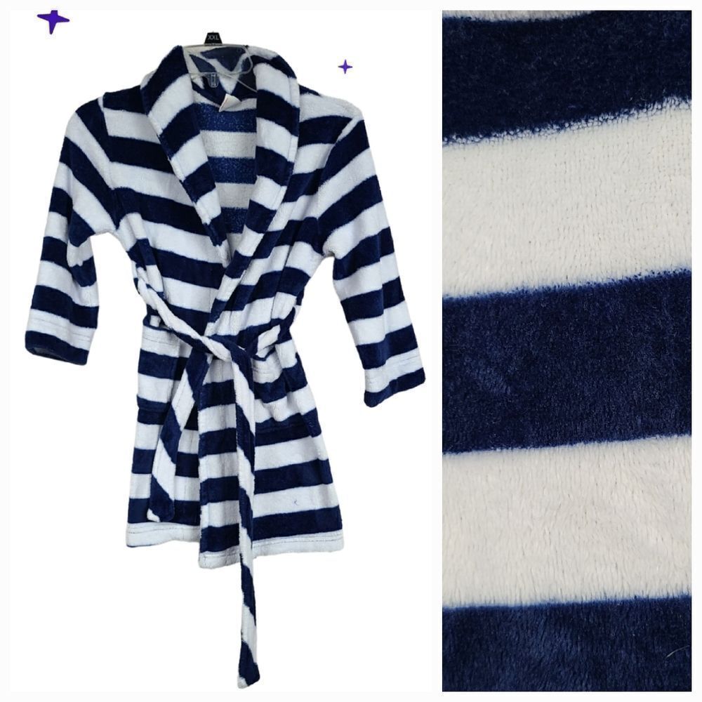 Navy Blue Stripe Bathrobe Kids S 6/7 Faux Fur Fleece Sleepwear Robe Plush Lounge